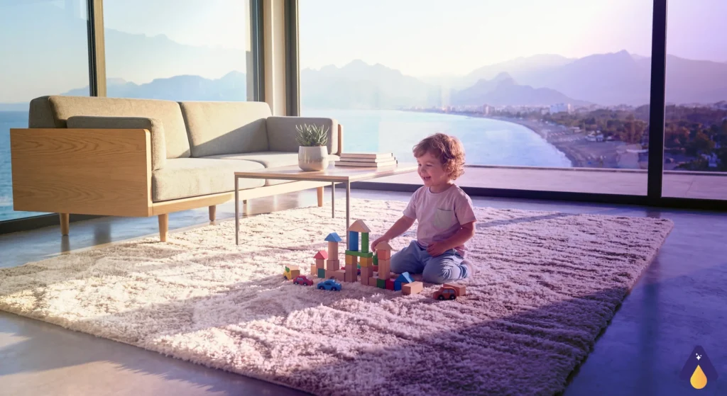 Halı Ne Zaman Yıkanmalı? Antalya Aspendos Halı Yıkama sonrası tertemiz ve hijyenik bir oturma odası halısı.